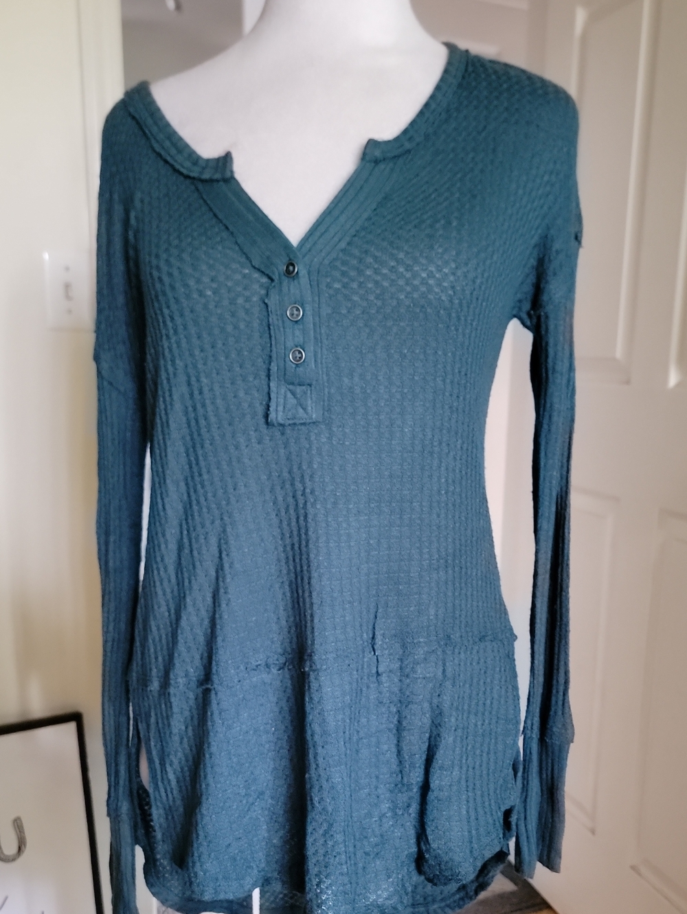 luq Women's Long-Sleeve Waffle Henley Top - Teal